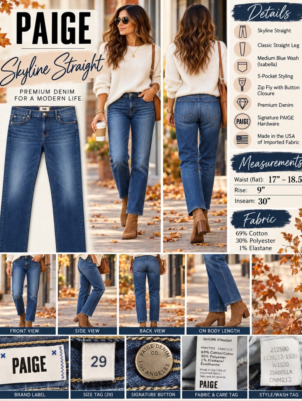 PAIGE Skyline Straight Jeans Size 29 Isabella Medium Wash Stretch Denim